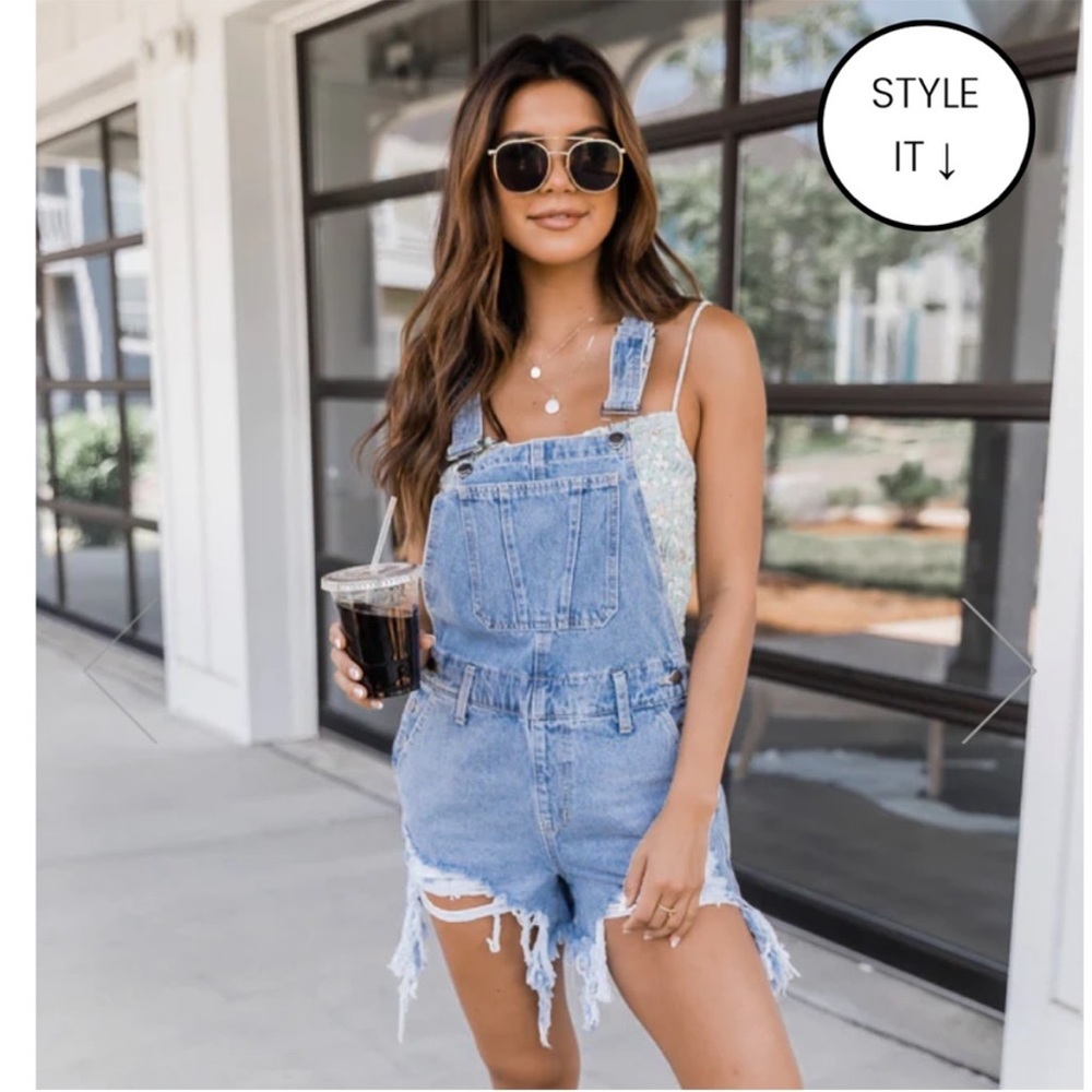 Pink Lily Medium Wash Distressed Overalls